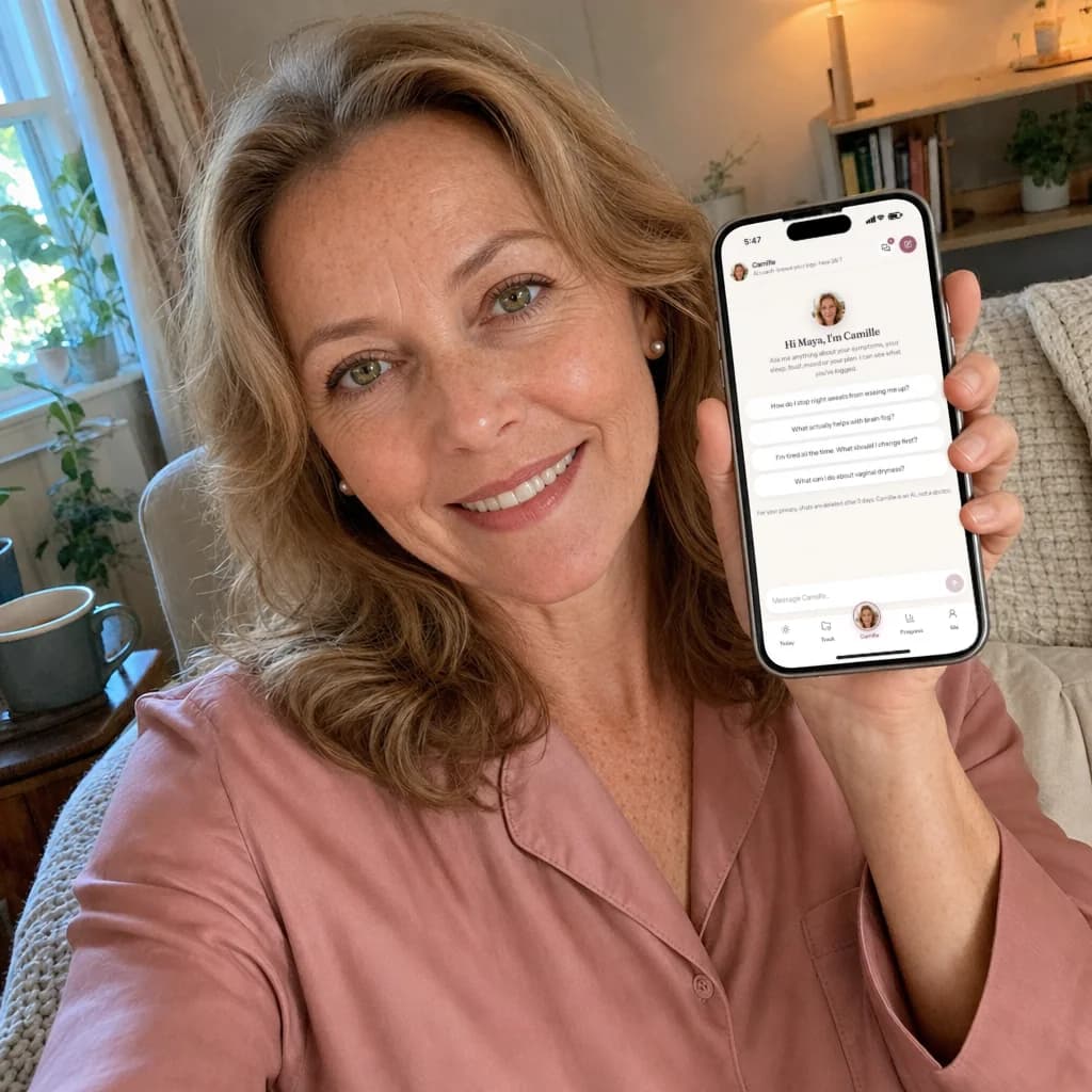 Camille, the face of Menolys's AI coach, showing her chat screen in the app with a smile