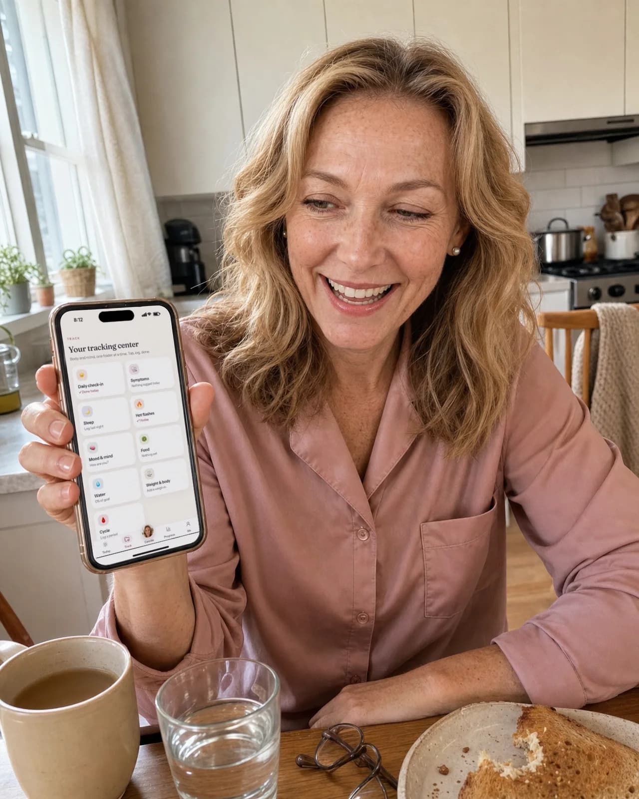 Camille, the AI coach of Menolys, laughing at breakfast as she shows the Track screen of the app on her phone