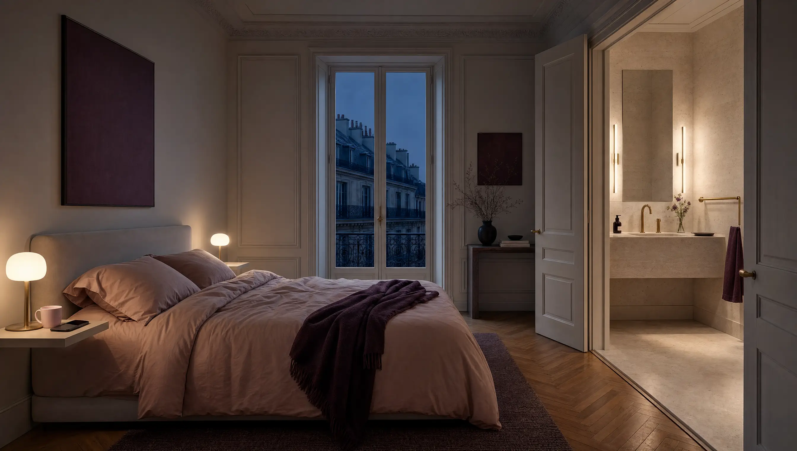 The same bedroom at dawn, bathed in soft light